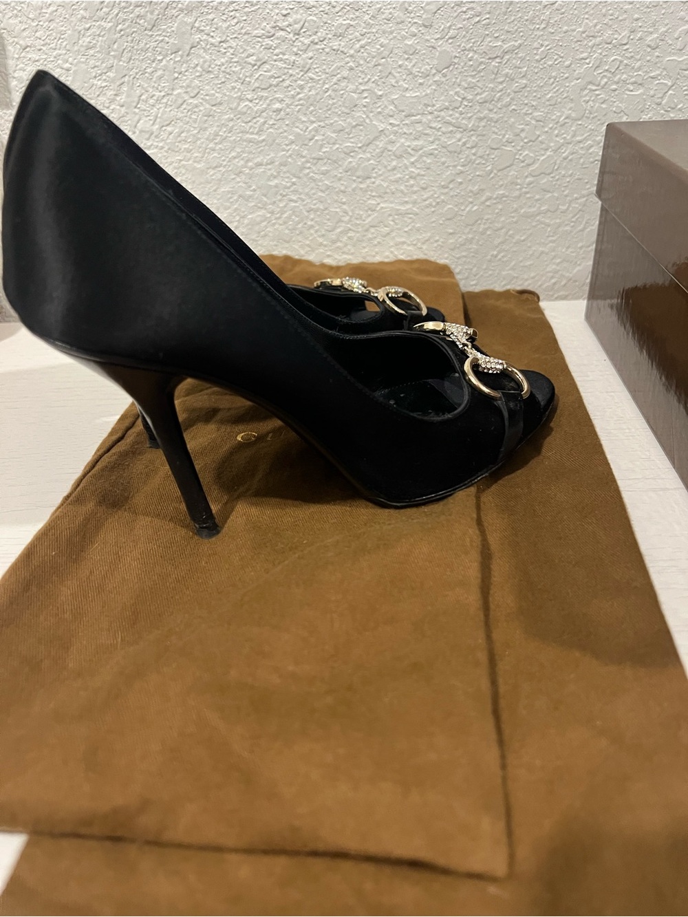 Gucci Black Satin Peep-Toe Heels with Gold Crystal Horsebit - Picture 5 of 8